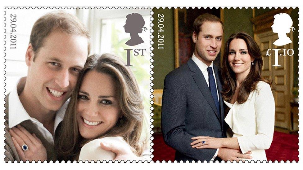 Two stamps show The Duke and Duchess of Cambridge on a pair of stamps released for their wedding in 2011.