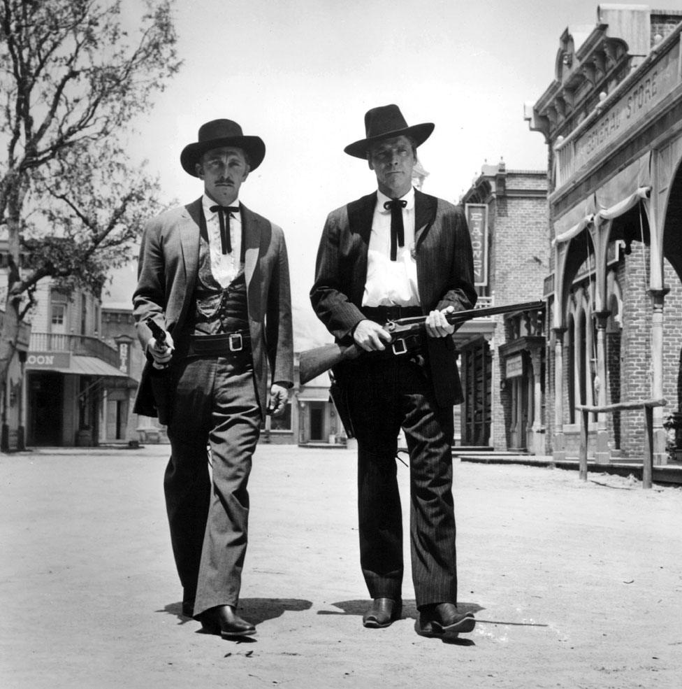 Kirk Douglas and Burt Lancaster on Gunfight at the O.K. Corral in 1957