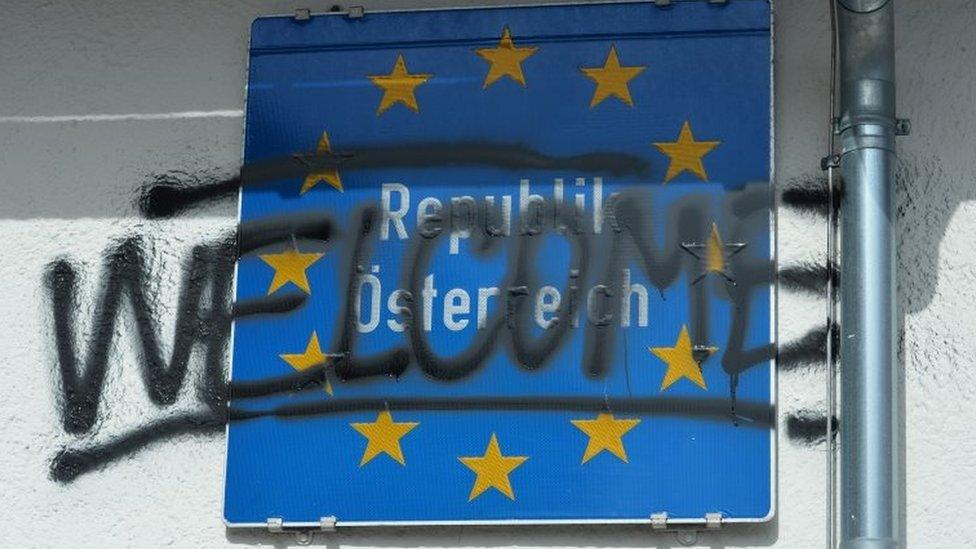 'Welcome is painted on the Austrian border sign after protests in the village of Brenner (03/04/2016)