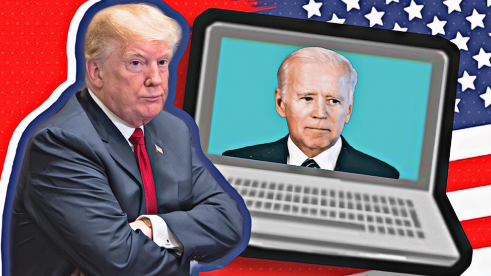 Trump looking at Biden on a computer