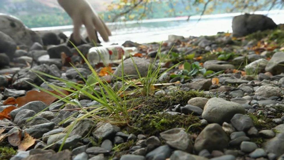 The gloved hand of a volunteer reaches down to pick up a glass bottle