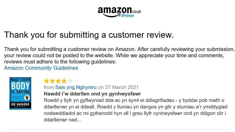 Amazon review in Welsh that was removed