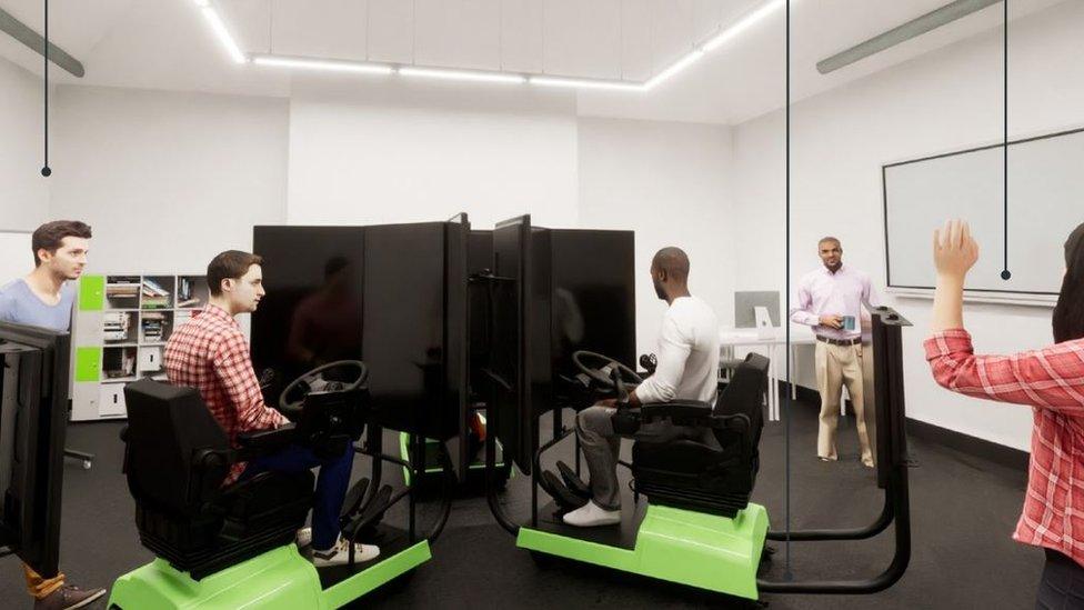 A room with a VR simulator with electronic screens in the middle, with several students sat around it