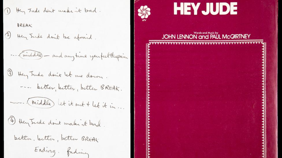 Sir Paul McCartney's handwritten lyrics for The Beatles' 1968 hit Hey Jude