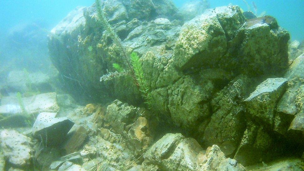 A view of underwater ruins in Lake Titicaca