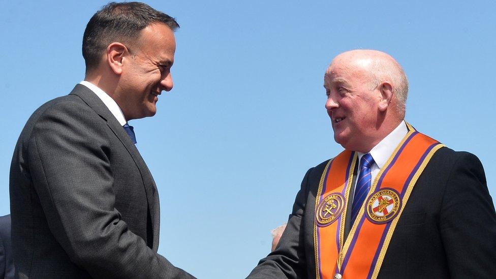 Grand Master of the Grand Orange Lodge of Ireland Edward Stevenson welcomed Mr Varadkar to Orange Order HQ