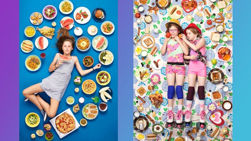 two photos of kids surrounded by food