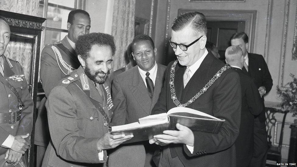 Haile Selassie with the mayor of Bath Cllr Gallup, Guildhall, October 1954