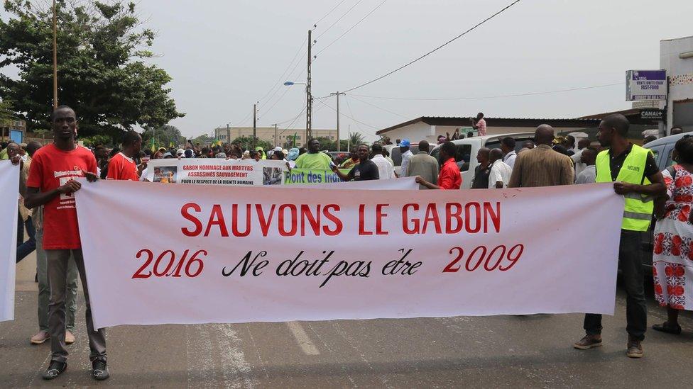Members of the Gabonese opposition demonstrate in Libreville on 23 July 2016