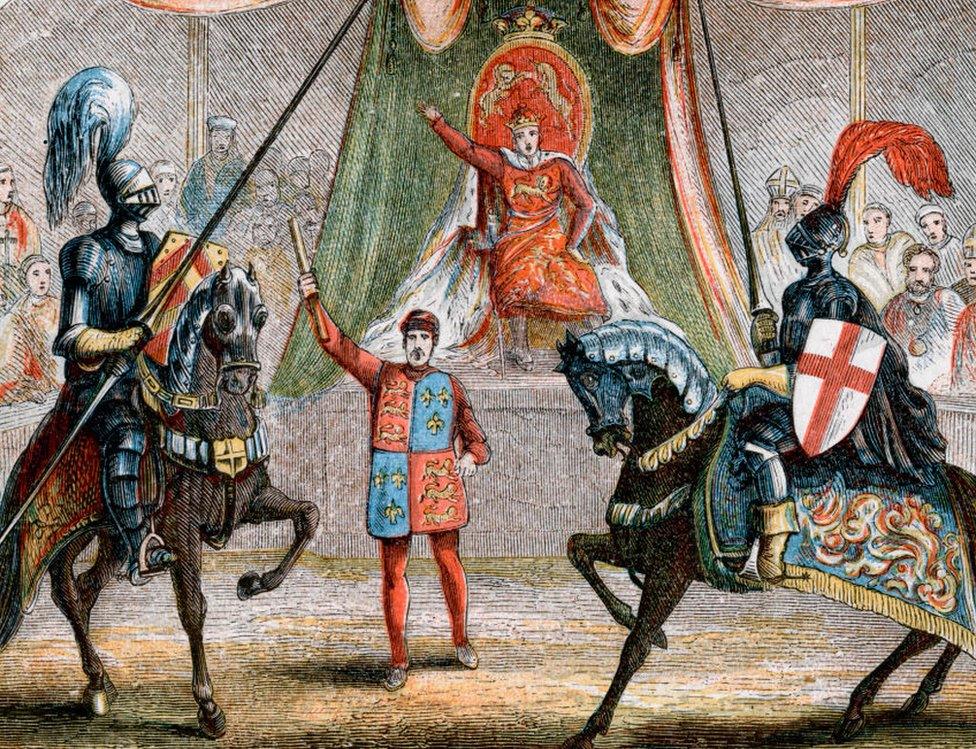 Richard II stopping the combat between the Dukes of Norfolk and Hereford, 1398. The king intervening in the blood feud between Henry Bolingbroke, Duke of Hereford and Thomas de Mowbray, 1st Duke of Norfolk