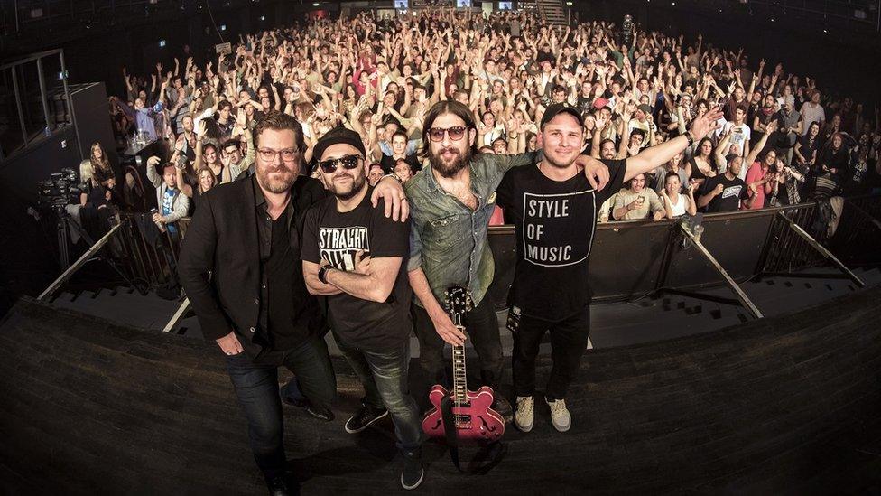 Zach LeBeau, DJ Gramatik, Adam Stehr and Jay Rogovin before fans in Zurich, Switzerland