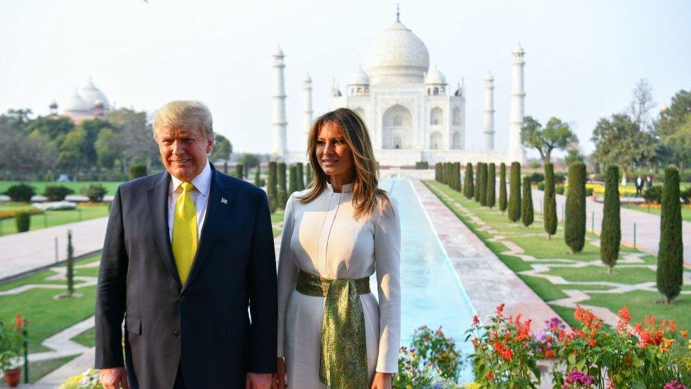 US President Donald Trump and First Lady Melania Trump pose as they visit the Taj Mahal in Agra on February 24, 2020