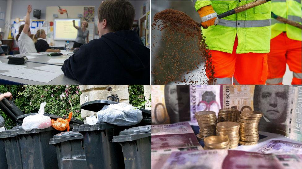 school, gritting, bins and money