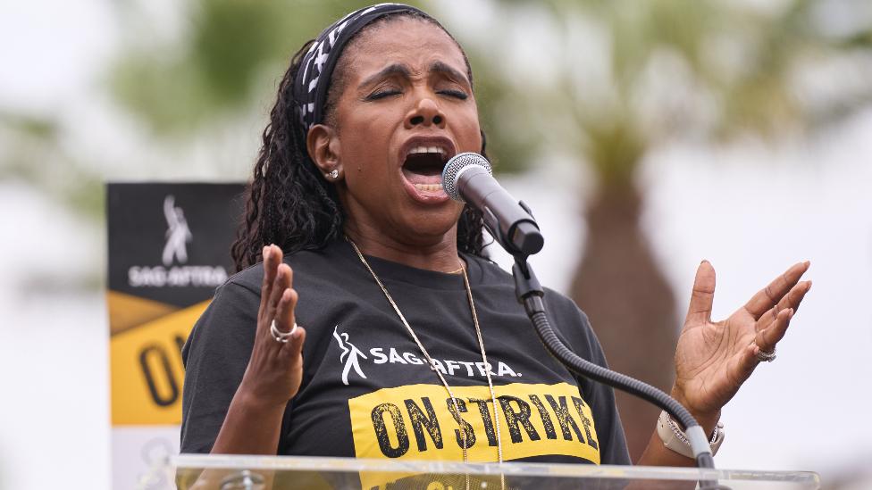 US actor Sheryl Lee Ralph speaks during a SAG-AFTRA rally at Paramount Studios in Los Angeles, California, USA, 13 September 2023. Both the WGA and SAG-AFTRA are on strike fighting for better compensation, contracts, and protection against AI.