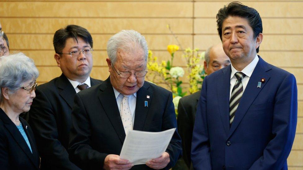 Japan's Prime Minister Shinzo Abe, meets the relatives of Japanese people abducted by North Korea.