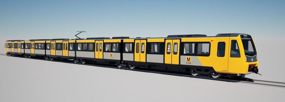 Computer-generated image of a Metro train with the new yellow, grey and black livery