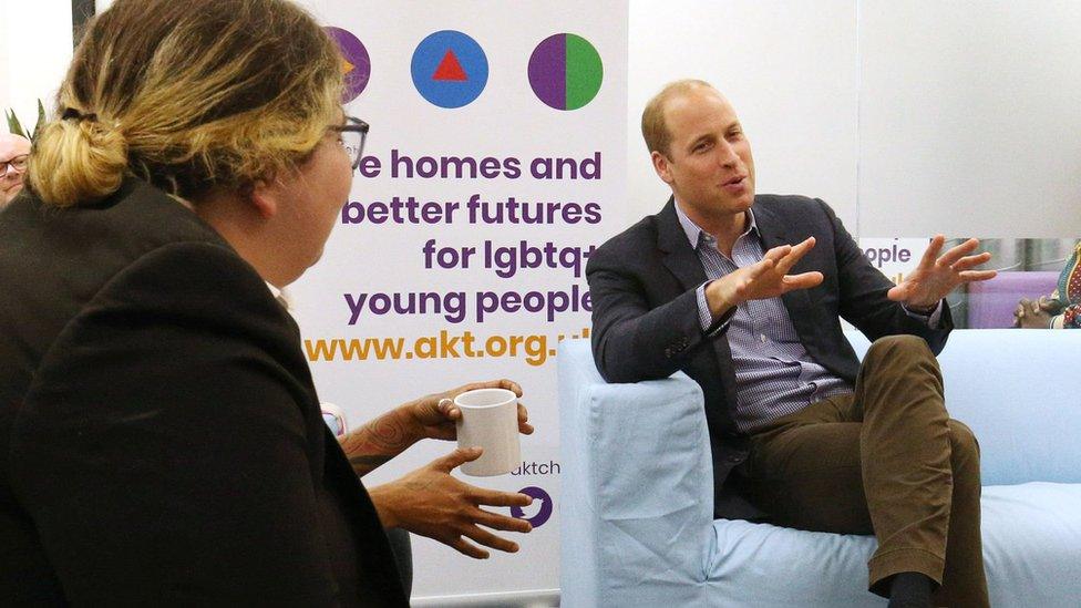 Duke of Cambridge speaks to former and current service users during a visit to the Albert Kennedy Trust to learn about the issue of LGBTQ youth homelessness and the unique approach that the organisation is taking to tackling the problem