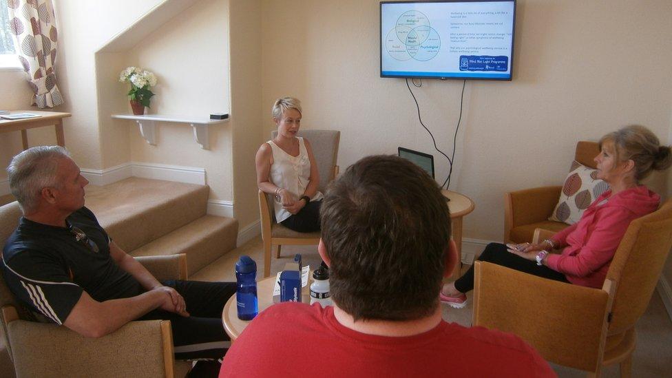 People sitting in a consultation session looking at a presentation