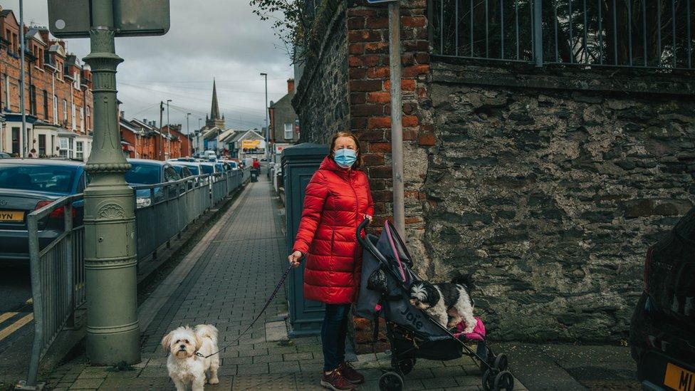 A woman with her dogs walking along a street