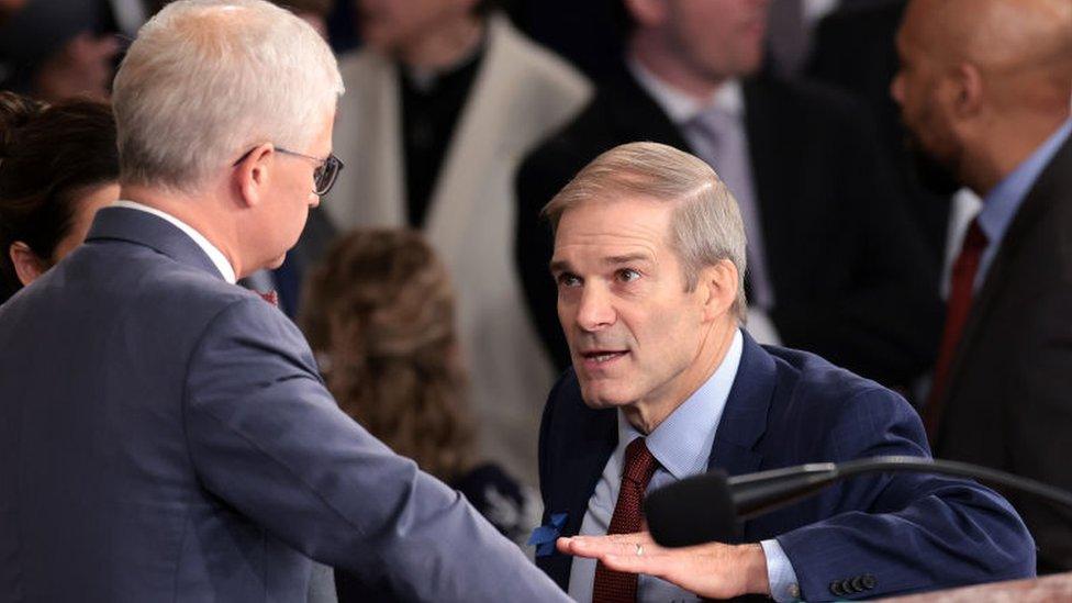 Jim Jordan talks to Speaker Pro Tempore Rep Patrick McHenry amid battle for House Speaker