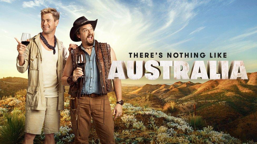 Actors Chris Hemsworth and Danny McBride hold wine glasses in a Tourism Australia poster, which says: "There's nothing like Australia."