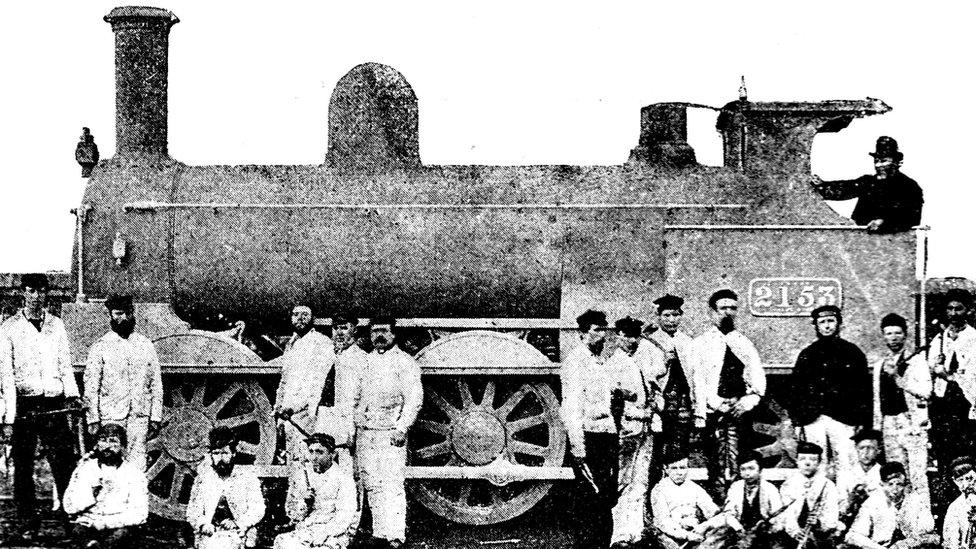 Victorian black and white engraving of the completed engine which had been erected in a record 25 1/2 hours; London & North-West Locomotive Works Crewe; English Illustrated 1892 - stock illustration