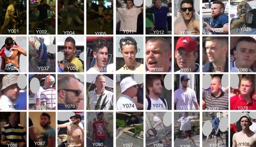 Composite of half of the 72 England football fans suspected of being involved in violence in Marseille,