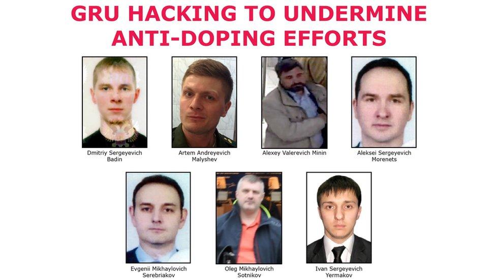 The seven suspected agents of Russia's GRU on a "Wanted" poster after being indicted for hacking.