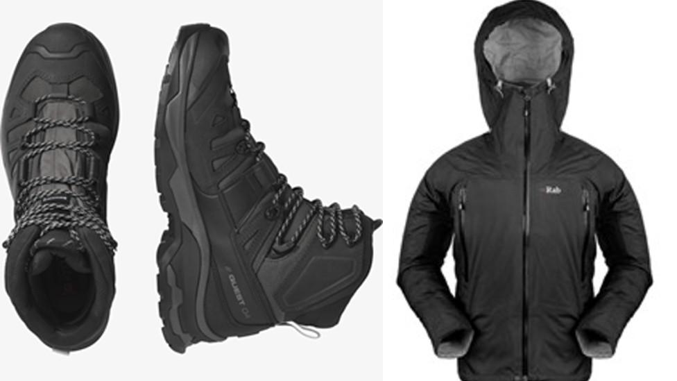 Salomon Quest 04 walking boots and a black Rab waterproof jacket