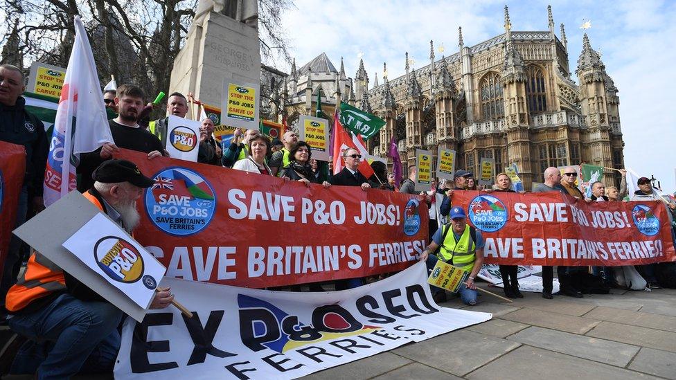 Staff sacked by P&O Ferries protest outside Parliament in March