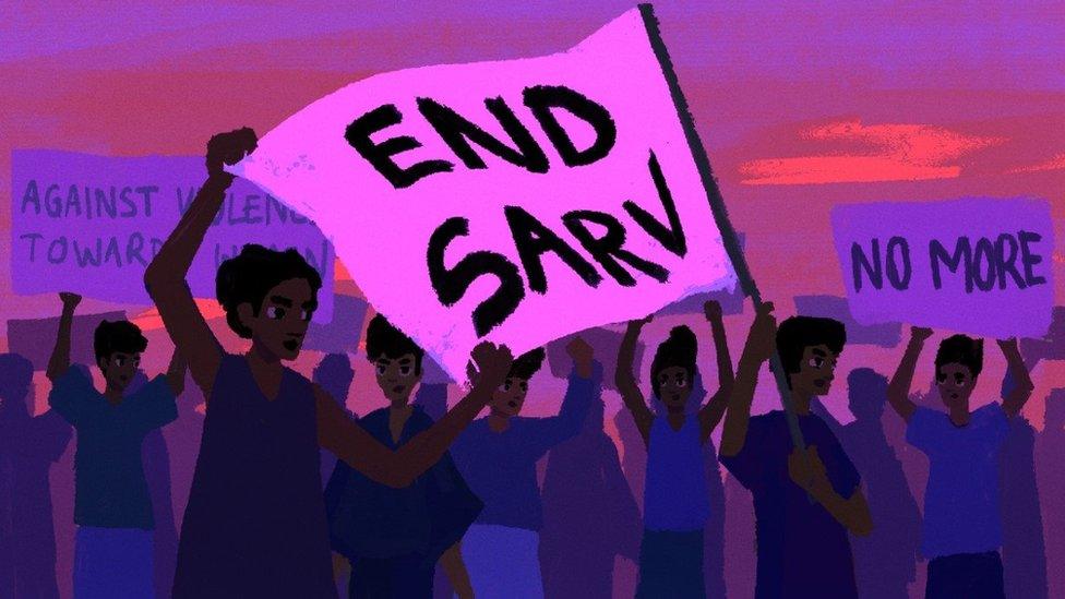 An illustration of campaigners holding posters calling for an end to sorcery accusation related violence