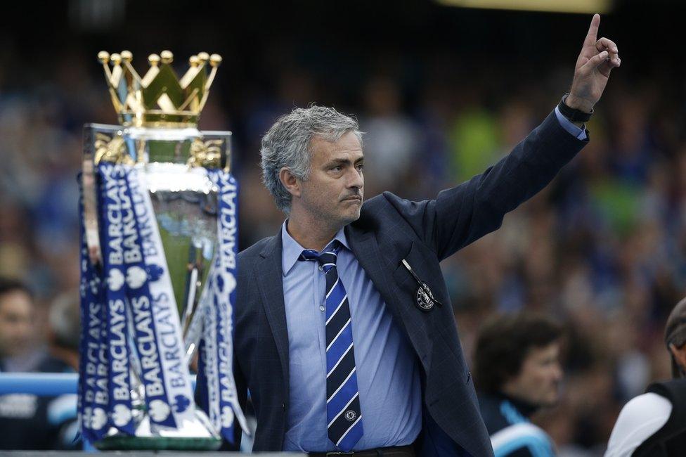 José Mourinho gestures during the presentation of the Premier League trophy in London, 24 May 2015