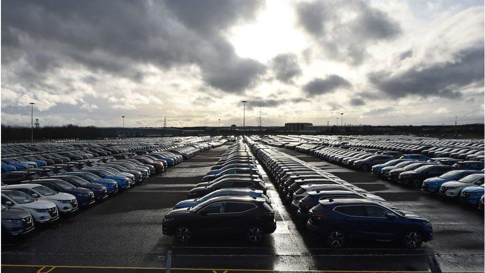 Nissan cars parked in a lot at its' Sunderland plant