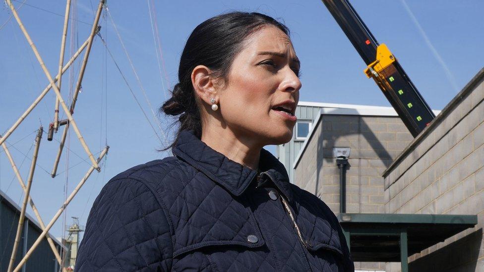 Home Secretary Priti Patel speaking to Metropolitan Police officers at a speciality training facility in Kent on Monday