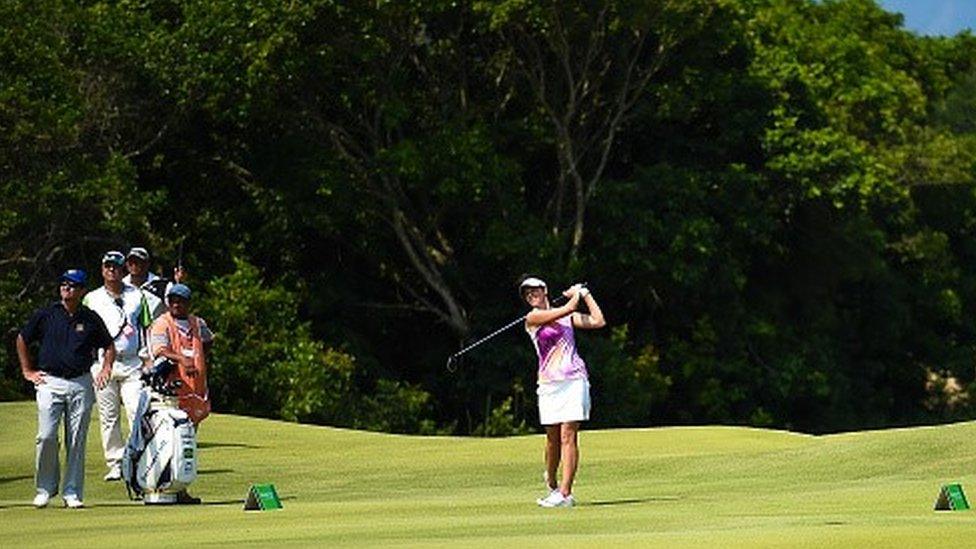 Miriam Nagl of Brazil hits the ball during the Golf Tournament - Aquece Rio Test Event for the Rio 2016 Olympics at the Olympic Golf Course