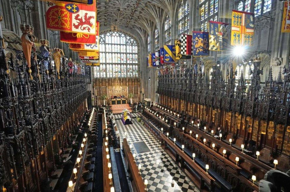 Members of the Royal family attend the funeral service of Britain's Prince Philip, Duke of Edinburgh inside St George's Chapel in Windsor Castle in Windsor, west of London, on April 17, 2021.