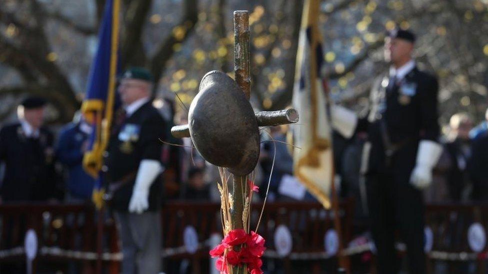 A memorial cross in memory of those who have fallen in conflict at the Edinburgh Garden of Remembrance in East Princes Street Gardens,