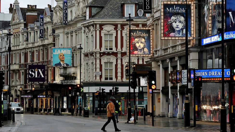 Shaftsbury Avenue in central London during the UK's third COVID-19 lockdown on January 20, 2021