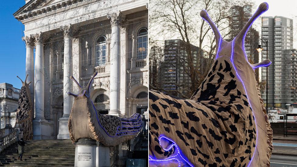 Slug artworks outside Tate Britain