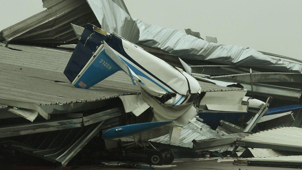 A badly damaged light plane in its hanger at Rockport Airport after heavy damage when Hurricane Harvey hit Rockport, Texas on August 26, 2017.