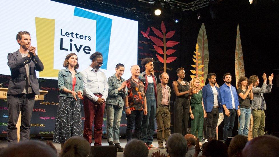 From left to right; Benedict Cumberbatch, Sophy Hunter, Clarke Peters, Rose McGowan, Tony Robinson, Jordan Stephens, Toby Jones, Yrsa Daley Ward, Louise Brealey, Prasanna Puwanarajah and Ferdinand Kingsley