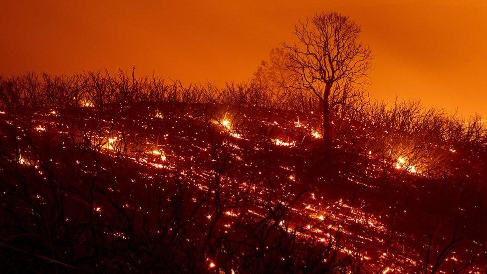 Embers smoulder along a hillside after the Ranch Fire, part of the Mendocino Complex Fire, in California, on August 5, 2018.