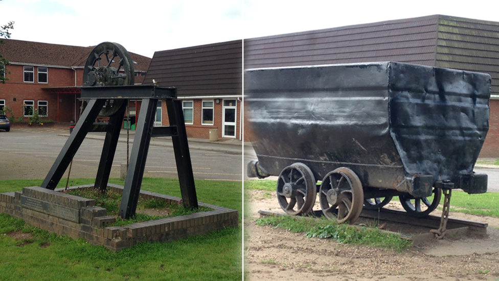 A model of the headgear stands where the number two shaft once was and a dram where the number one shaft was