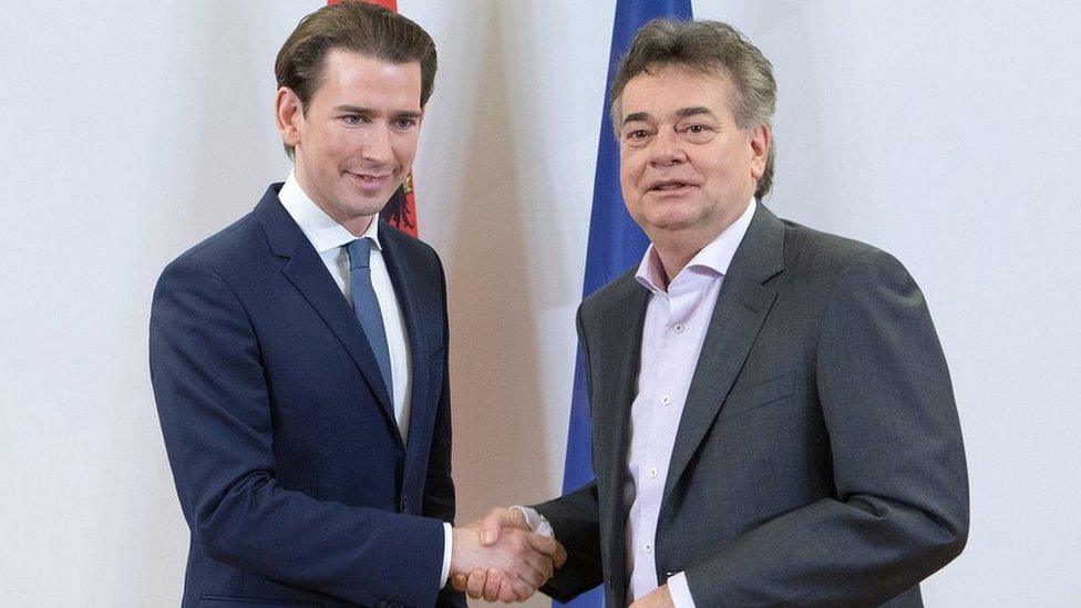 Sebastian Kurz, left, shaking hands with Werner Kogler, right