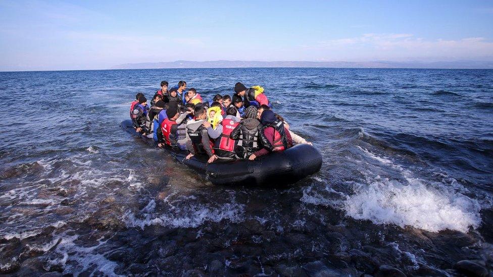 Migrants arriving on the Greek island of Lesbos