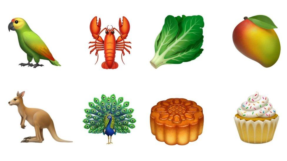 Emojis including a kangaroo, a peacock, a cupcake, a lobster, a parrot, a lettuce and a mango