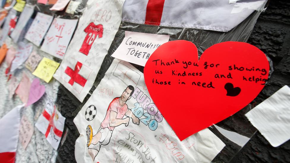 Marcus Rashford mural covered with messages of support after it was defaced following the Euro 2020 Final between Italy and England - Withington, Manchester, Britain - July 13, 2021