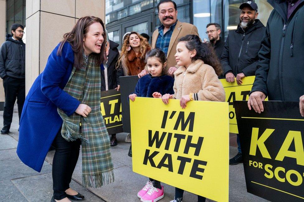 Kate Forbes meets supporters before taking part in a SNP leadership debate, at the University of Strathclyde on Saturday