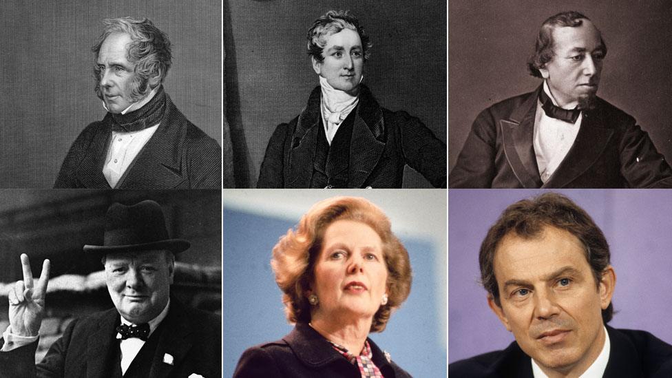 British prime ministers - Viscount Palmerston, Sir Robert Peel, Benjamin Disraeli, Sir Winston Churchill, Margaret Thatcher, Tony Blair