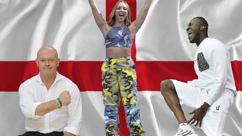 Ross Kemp, Jade from Little Mix and Stormzy in front of an England flag